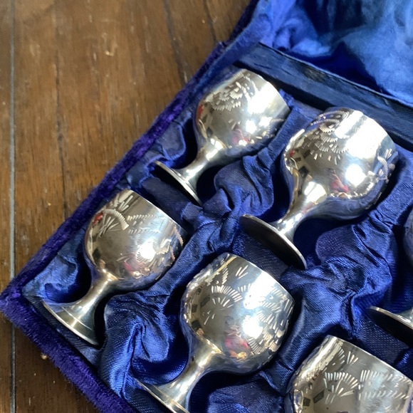 Vintage 1960’s Silverplate Etched Cordial Goblet Set in Velvet Box - Picture 2 of 9